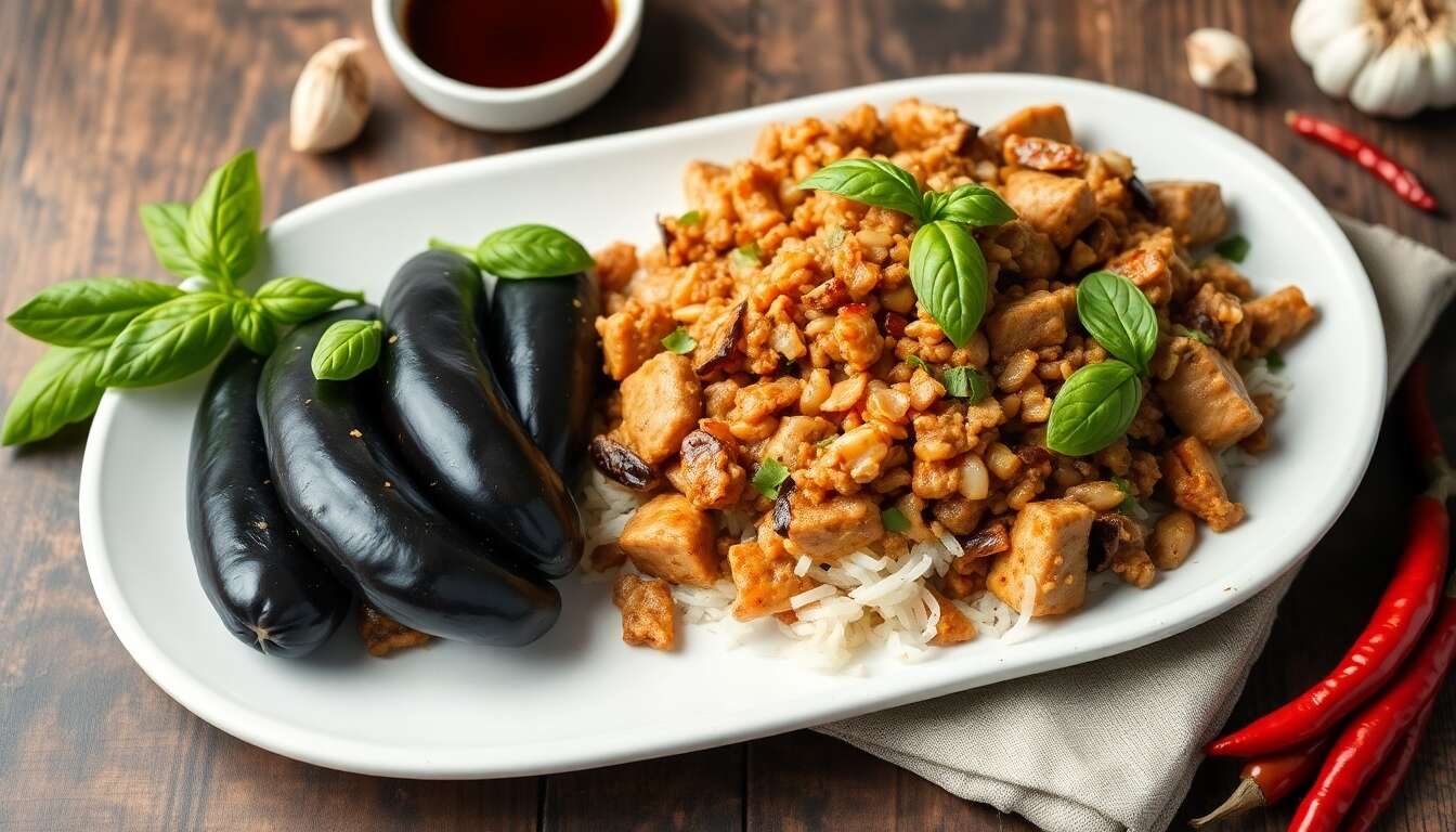 Recette d'aubergine sautée au porc haché et basilic thaï