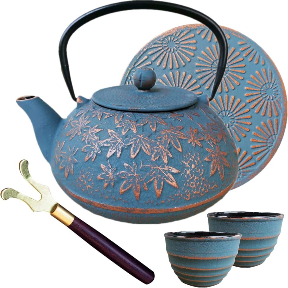Avis : théière japonaise en fonte bleu avec infuseur et tasses