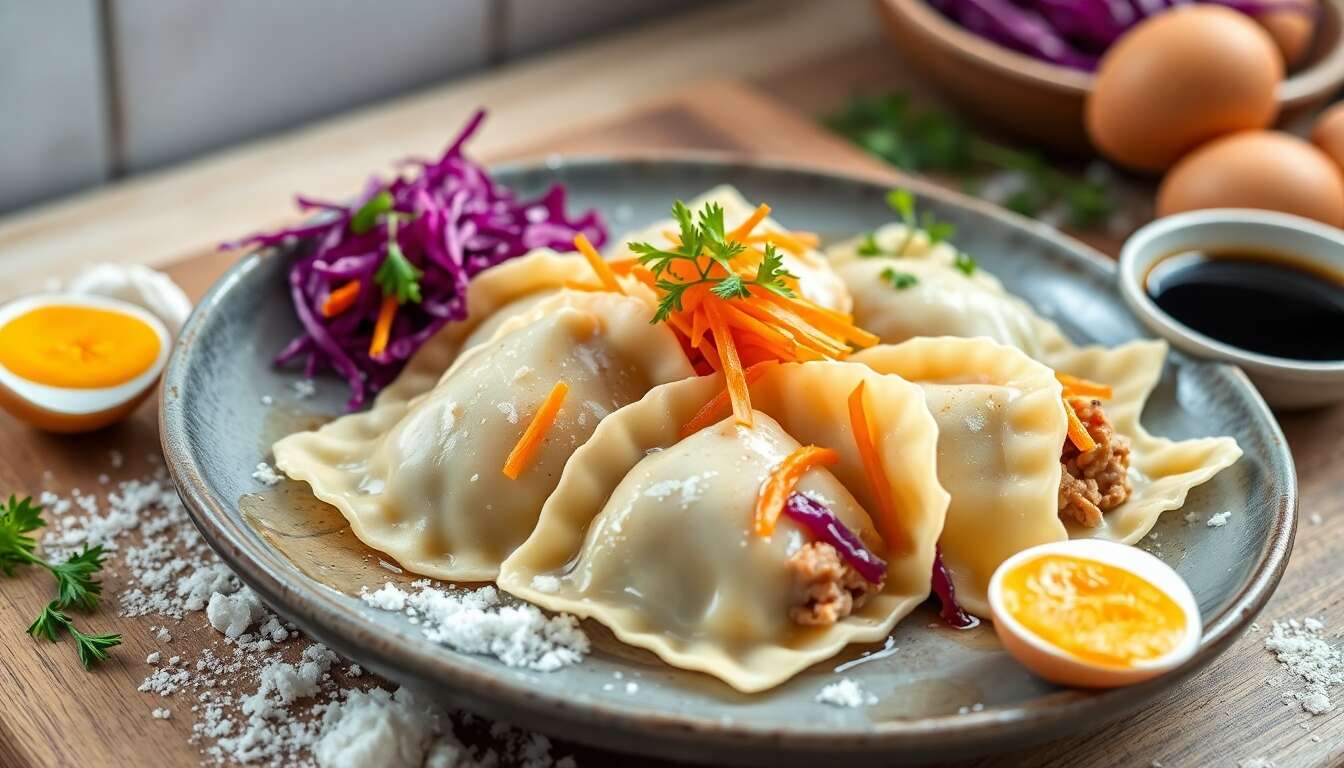 Raviolis sans gluten : porc, carotte et chou rouge