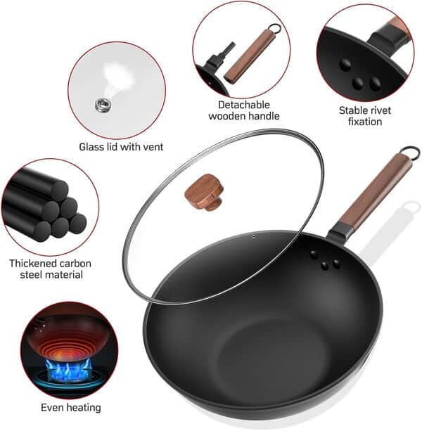 Jobin 33 cm/5,6L Wok en Acier au Carbone Avec Couvercle - Sans Revêtement Chimique - Cuisiner des Plats Asiatiques pour 4-6 Personnes - Convient à Induction/Electrique/Gas