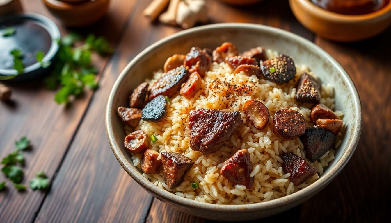 Riz sauté au bœuf et shiitake : recette savoureuse