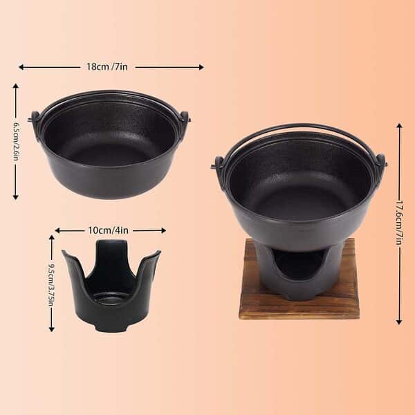 Marmite Sukiyaki en fonte de style japonais avec couvercle en bois et plaque de cuisson en émail de qualité 16 cm de diamètre