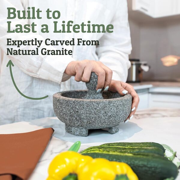 PriorityChef Mortier et pilon en granit – 15,5 cm en pierre naturelle Molcajete Mexicano pour épices, assaisonnements, pâtes – Pilon et bol de mortier pour guacamole frais, salsa, pesto, petit, gris