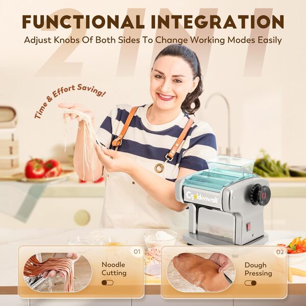 CGOLDENWALL Électrique Machine à Pâtes Acier Inoxydable Laminoir a Pate pour Fraîches Nouilles, Spaghettis, Lasagnes, Dumpilings et Raviolis, avec 9 Niveaux d'Épaisseur Réglables et 2 Lames