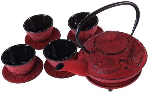 lachineuse - Service à Thé en Fonte Dragon Chinois - 1 Théière, 4 Tasses en Fonte & Filtre Infuseur - Capacité 0,8L - Décoration Japonaise Asiatique - Idée Cadeau Vaisselle Japonaise - Coloris Rouge