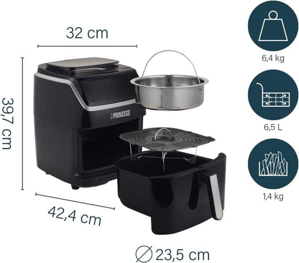 Princess Friteuse sans huile & cuiseur vapeur 2 en 1, 62,2% de consommation d'énergie en moins, Capacité : 6,5 L, 8 programmes, pour jusqu'à 9 personnes, panier de cuisson Ø 23,5 cm, 182080