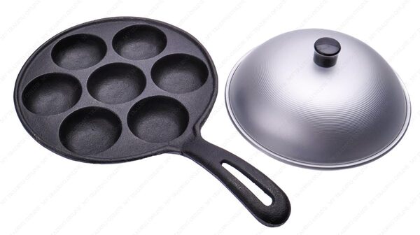M.V. Trading MLW003SV Bank Khot/Takoyaki/Aebleskiver Poêle en fonte avec couvercle en aluminium, 7 moules, 19,5 cm (diamètre) x 3,8 cm (H), avec poignée 31,5 cm, noir