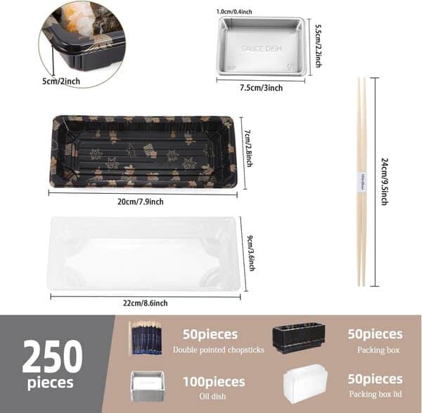 Sbirdbao Service de table pour 50 plateaux à sushis avec couvercles 21,8 x 9,1 cm, boîtes jetables à sushis à emporter, 50 paires de baguettes japonaises jetables en bambou, 100 plats jetables pour