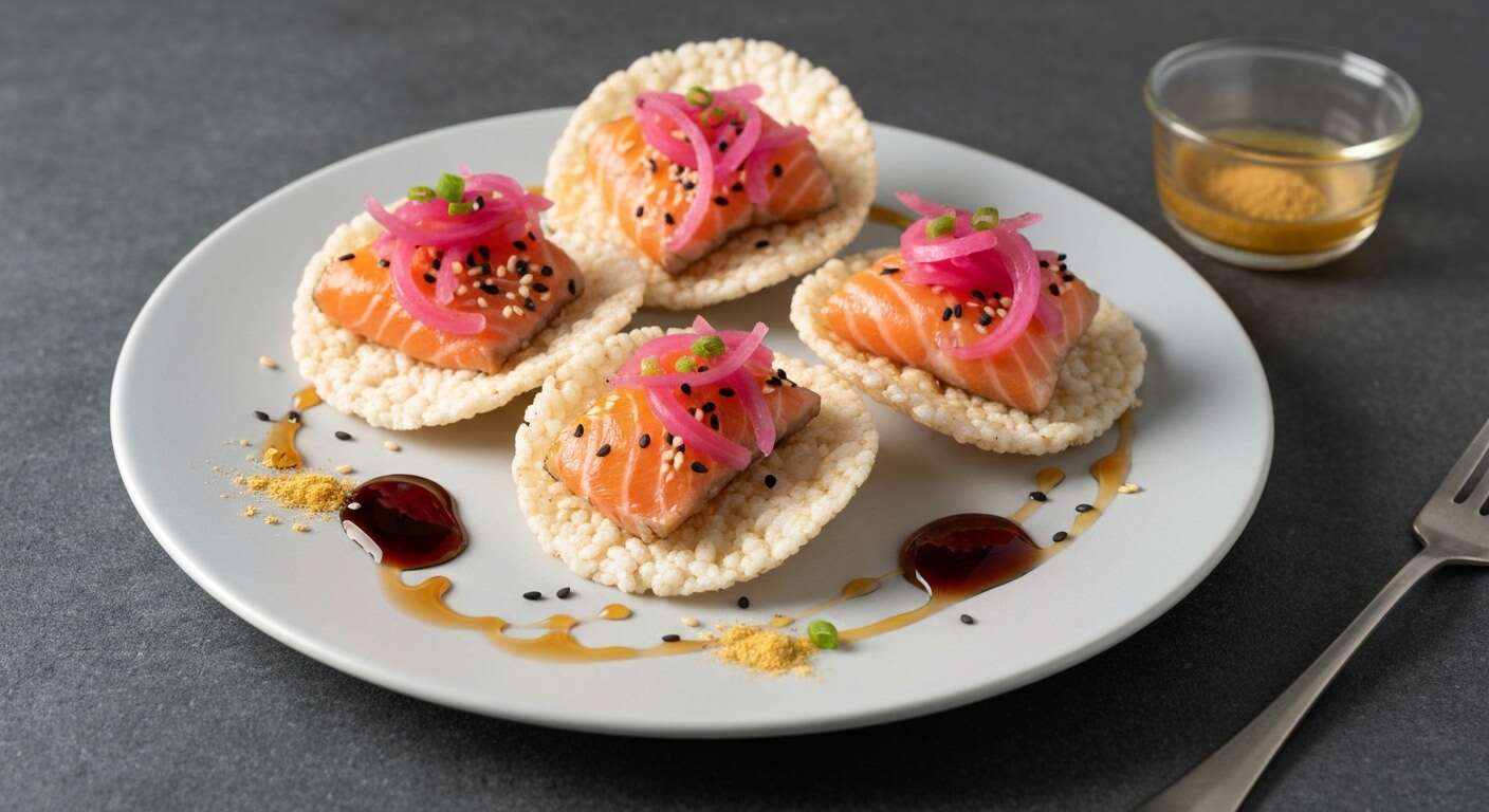 Délice festif : chips de galette de riz, saumon tataki et pickles d'oignon rouge
