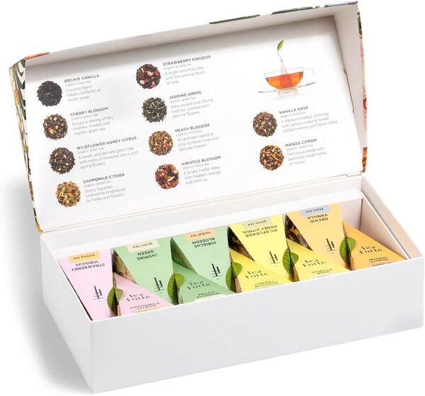 Tea Forte, Petite Présentation Coffret cadeau, infuseurs pyramidaux avec feuilles biologiques en vrac, tisanes vertes, noires, blanches, assorties, 1 pièce (Jubilee)