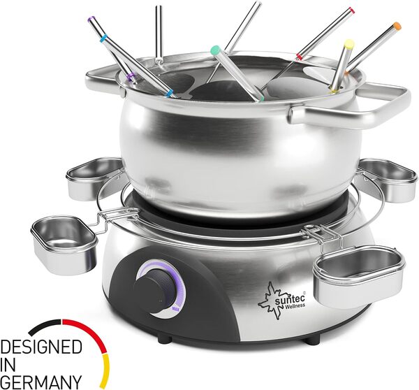 Suntec Fondue Fon de 8014 V2 A [1,3 l en Acier Inoxydable Casserole, 8 brochettes, 6 Coupelles à Sauce, la Graisse Protection Anti-éclaboussures, câble de 2 m, Max. 1400 W]