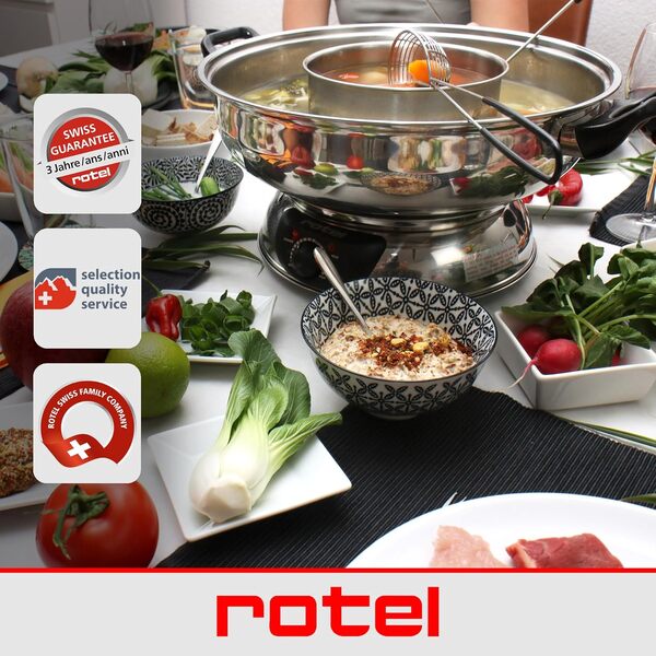 Rotel 1181250 Appareil à fondue chinoise avec fourchettes et épuisettes, appareil à fondue océane, marmite pour fondue chinoise, Acier inoxydable, Verre, Plastique, 39 x 37 x 22,5 cm