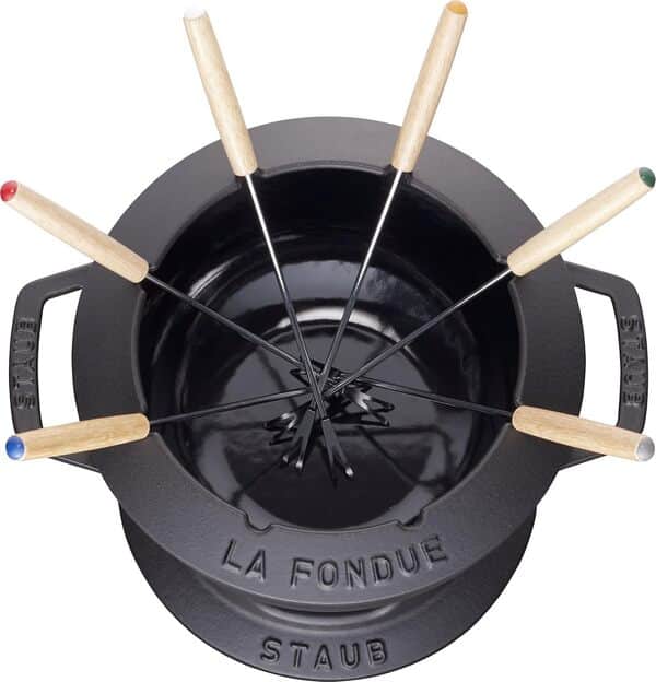 STAUB Service à Fondue en Fonte, avec 6 Fourchettes à Fondue, Pour Fondue Savoyarde, Bourguignonne et au Chocolat, Ø 20 cm, Noir Mat