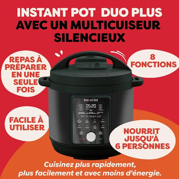 Instant Pot - Multicuiseur Duo Plus avec technologie WhisperQuiet 5,7 L – Noir : Autocuiseur, Mijoteuse, Cuiseur à riz, Poêle à sauter, Yaourtière, Maintien au chaud, Cuiseur vapeur, Sous-vide