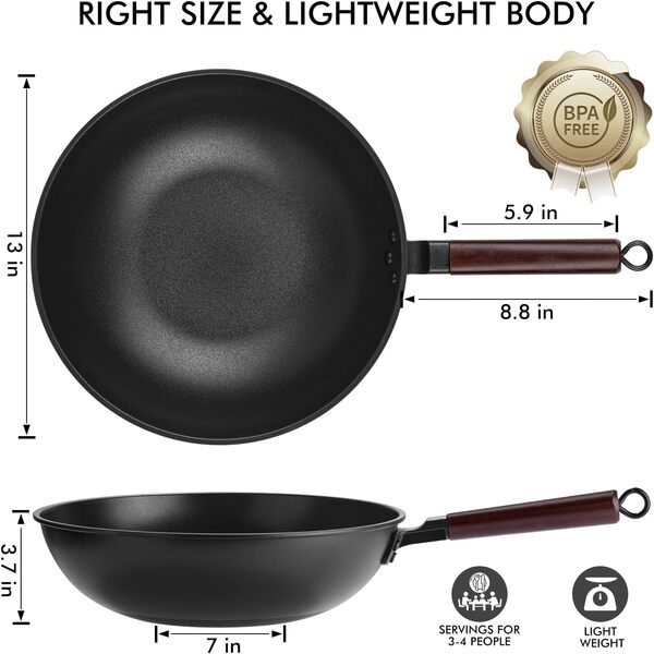 Wok en acier au carbone – Poêle wok de 32,8 cm avec couvercle, woks et poêles à frire antiadhésive avec spatule et brosse, wok chinois à fond plat pour induction, électrique, gaz, tous les poêles