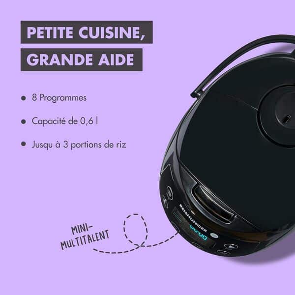 REISHUNGER Petit cuiseur à riz numérique, bordeaux, 0,6 l à 3 personnes, fonction maintien au chaud, minuterie et casserole de qualité supérieure, petit multicuiseur et cuiseur vapeur, 8 programmes