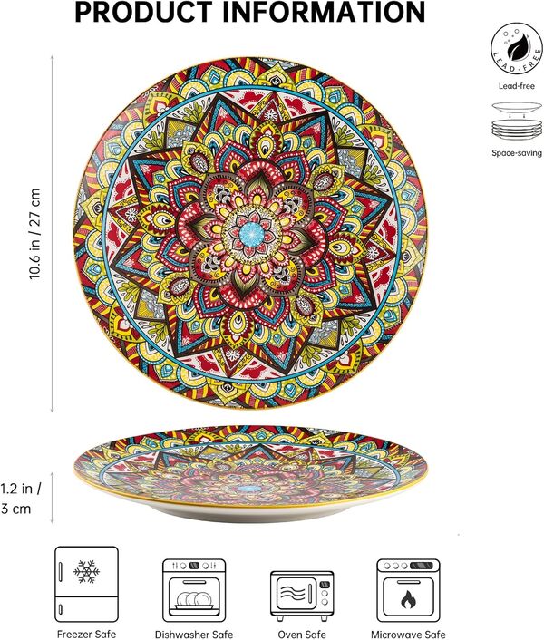 Assiettes Plate Set, Assiette Coloré en Porcelaine 6 Pièces pour 6 Personnes - 27cm, Lot de 6 Assiettes Multicolore pour Dessert/Salade/Fruit/Gâteau - Style Bohème