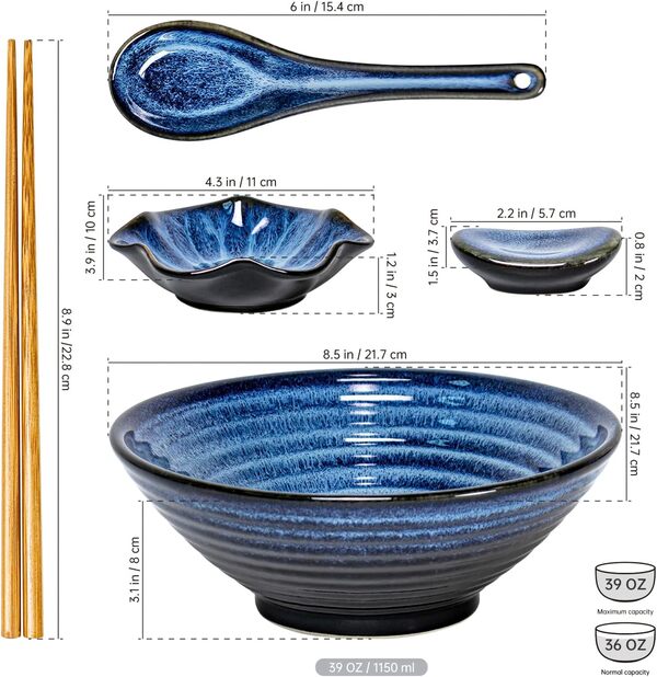 UNICASA Bols à Soupe Céramique, Bols à Céréales avec Baguettes, Cuillère et Repose-cuillère, Bol à Nouilles Vaisselle Japonaise pour Ramen Asiatiques - 2 Sets