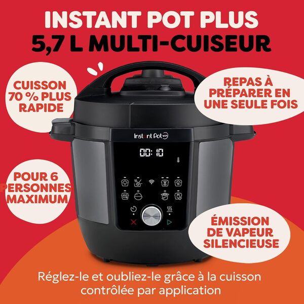 Instant Pot - Multicuiseur Plus 9-en-1 5,7 L Acier inoxydable brossé : Autocuiseur, Mijoteuse, Cuiseur à riz, Poêle à sauter, Yaourtière, Maintien au chaud, Cuiseur vapeur, Sous-vide, Stérilisateur