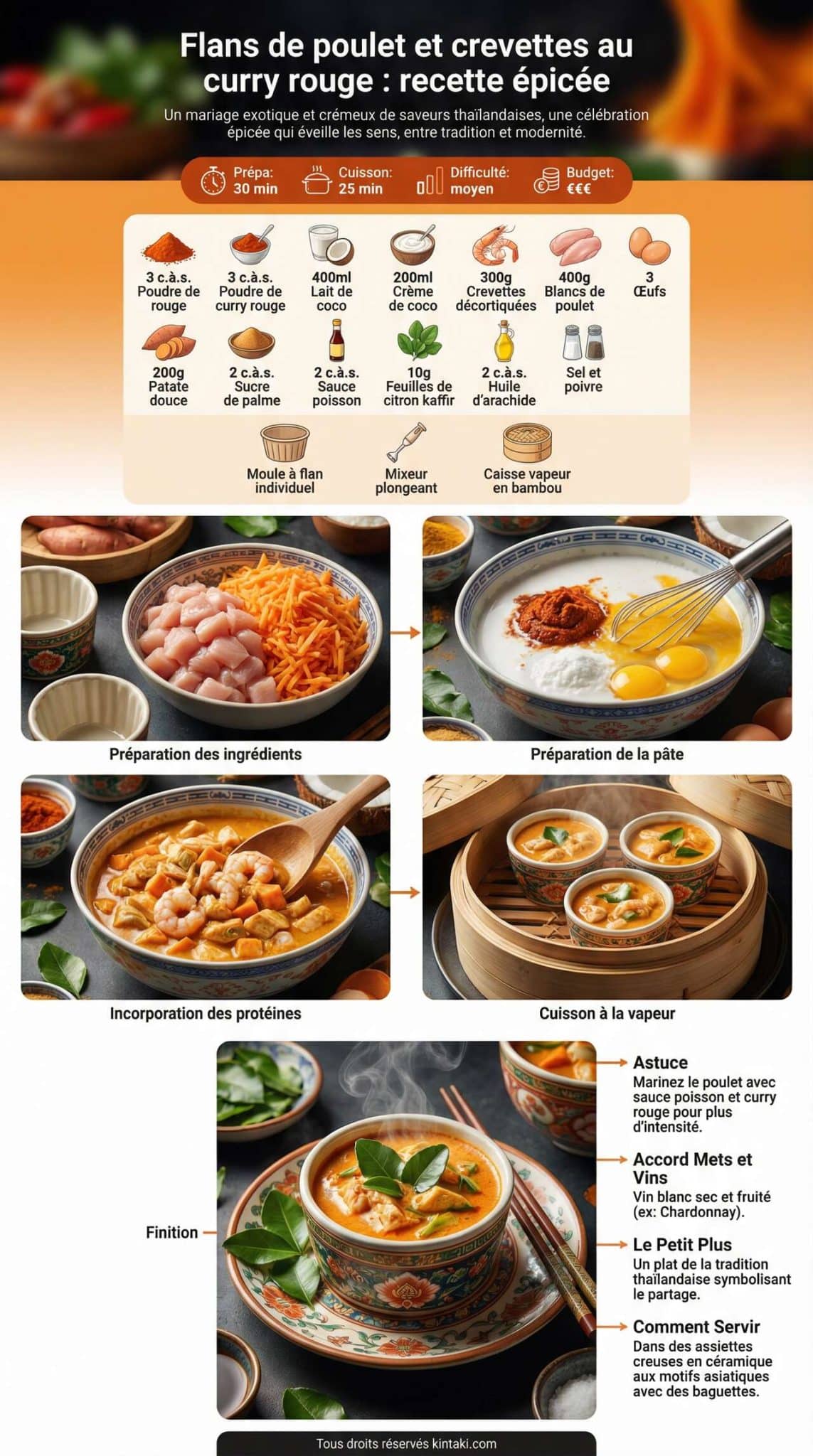 Fiche recette Flans de poulet et crevettes au curry rouge : recette &eacute;pic&eacute;e