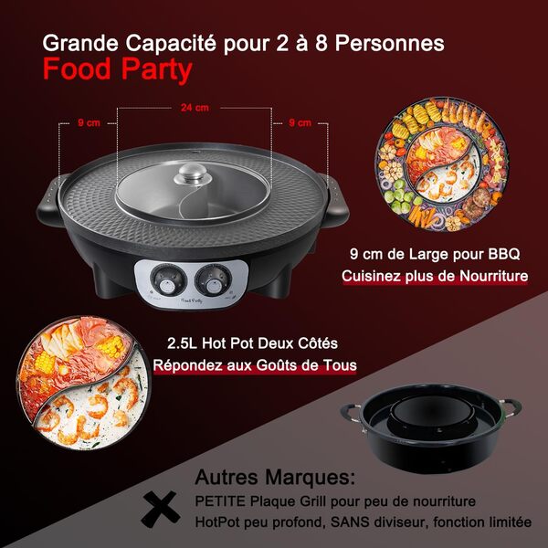 Food Party Hot Pot Electrique Appareil Fondue Chinoise et Barbecue Coréen électrique de Table 220V 2200W 2 in 1 Hotpot Wok BBQ Grill d'intérieur sans Fumée pour 2 à 8 Personnes