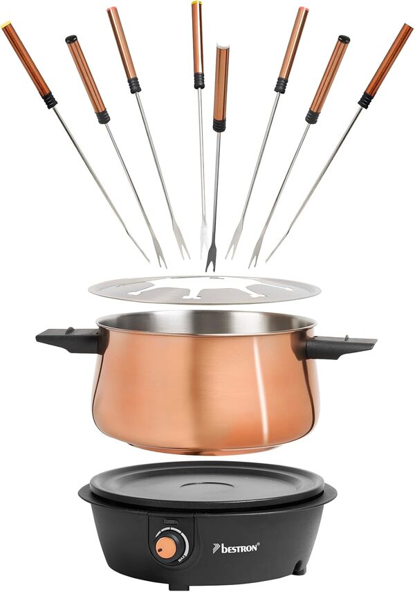 Bestron appareil a fondue, fondue électrique pour 8 personnes, avec 8 fourchettes à fondue et thermostat continu, incl. Protection contre les éclaboussures, couleur: Cuivre
