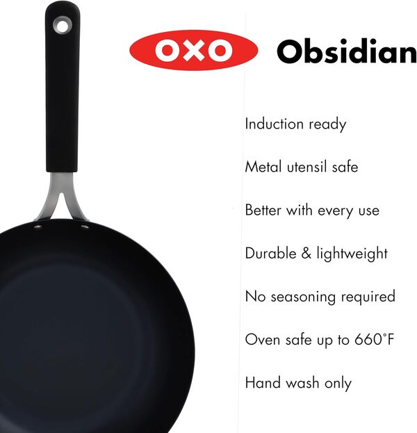 OXO Obsidian Poêle wok en acier carbone pré-enduit, 30,5 cm, avec poignée amovible en silicone, à induction, passe au four, noir