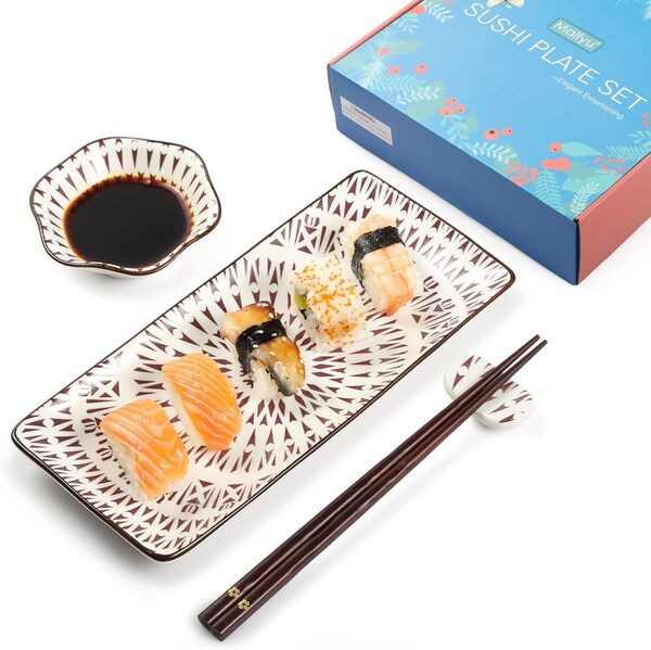 Lot de 8 assiettes à sushi en céramique de 25,4 cm avec 2 assiettes à sushi et bols à sauce soja, 2 baguettes et support, cadeau de pendaison de crémaillère, tournesol