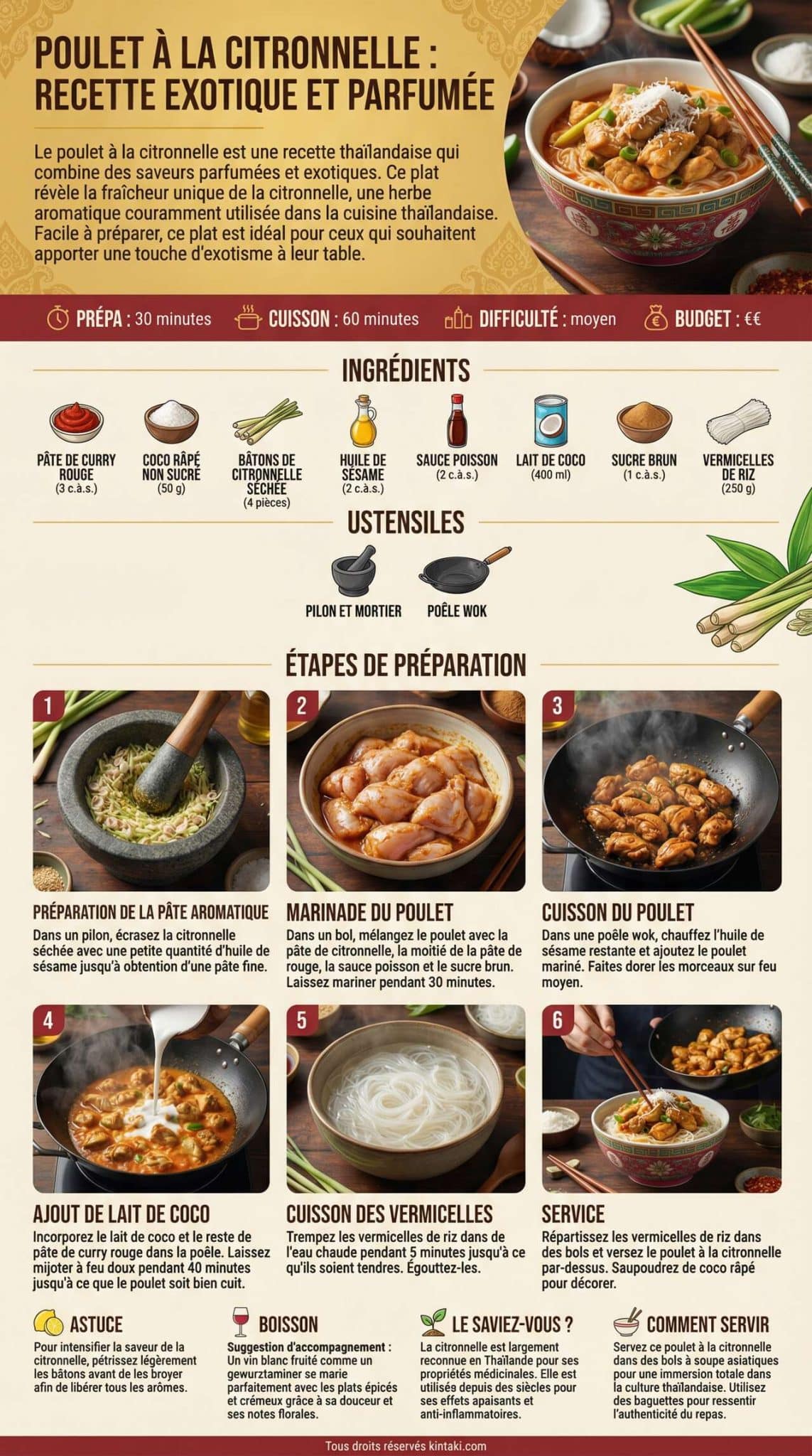 Fiche recette Poulet &agrave; la citronnelle : recette exotique et parfum&eacute;e