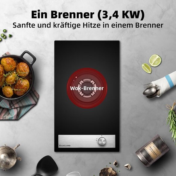 GASLAND GH12BF Plaque de cuisson à gaz en verre, 1 feux, plaque de cuisson encastrable avec brûleur Wok, 30 cm en verre noir, cuisinière à gaz butane 3400 watts, compatible LPG/Gaz naturel