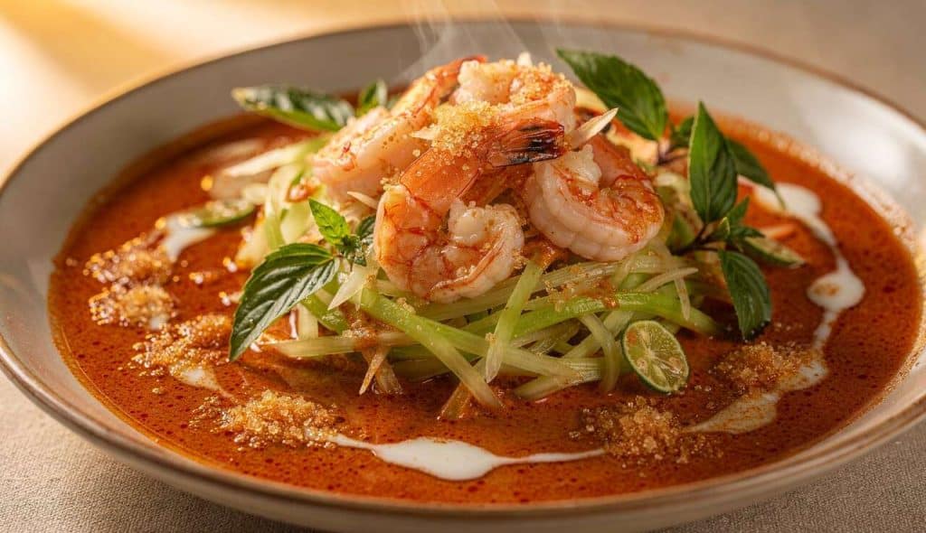 Curry rouge aux crevettes et papaye verte : recette exotique du Gaeng Kati Kung