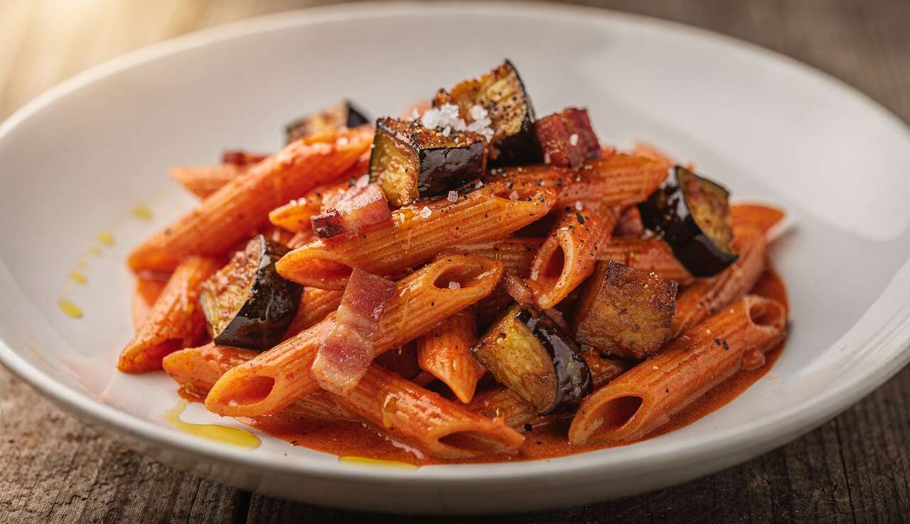 Penne au curry rouge, lardons et aubergines : recette facile et gourmande