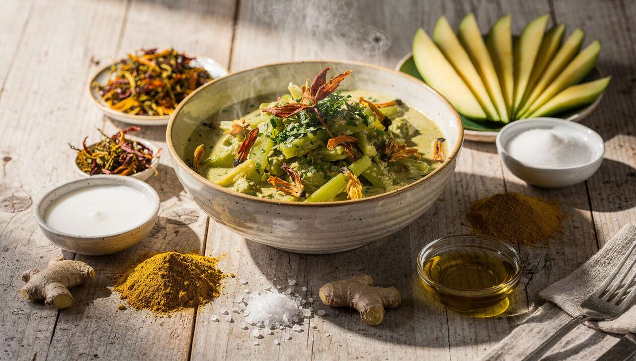 Curry acidulé à la papaye verte et fleurs de colibri : recette végétale savoureuse