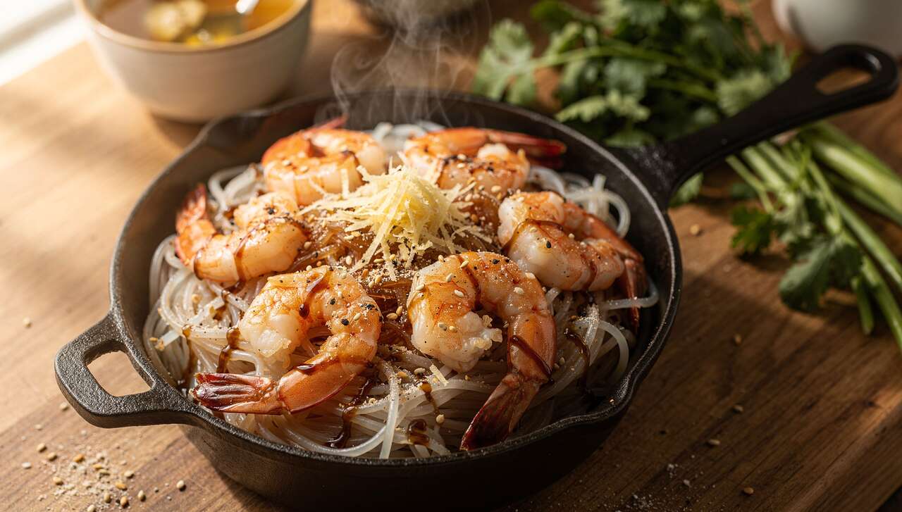 Cocotte de crevettes et vermicelles au gingembre : recette asiatique savoureuse
