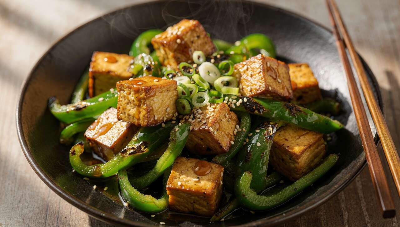 Wok de tofu fumé au poivron vert : recette savoureuse et rapide