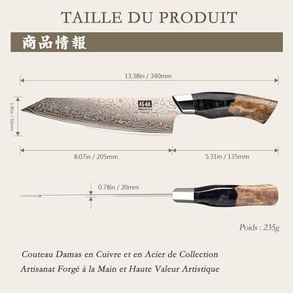 Découvrez notre test complet du couteau de chef Damas SHAN ZU Venus Series 20 cm : qualité de la lame, tranchant, ergonomie et durabilité analysés en détail. 