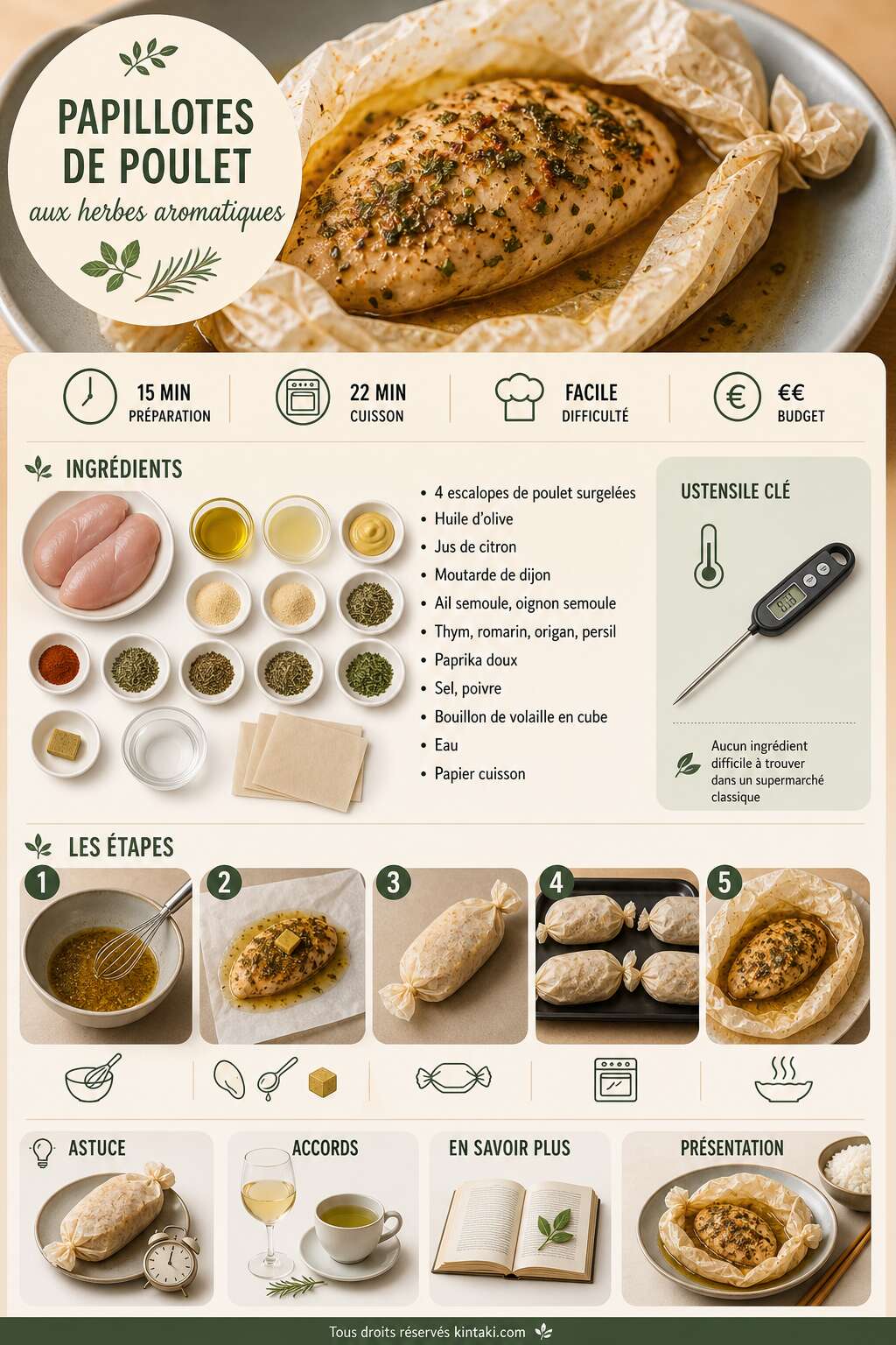 Fiche recette Papillotes de poulet aux herbes aromatiques : recette savoureuse