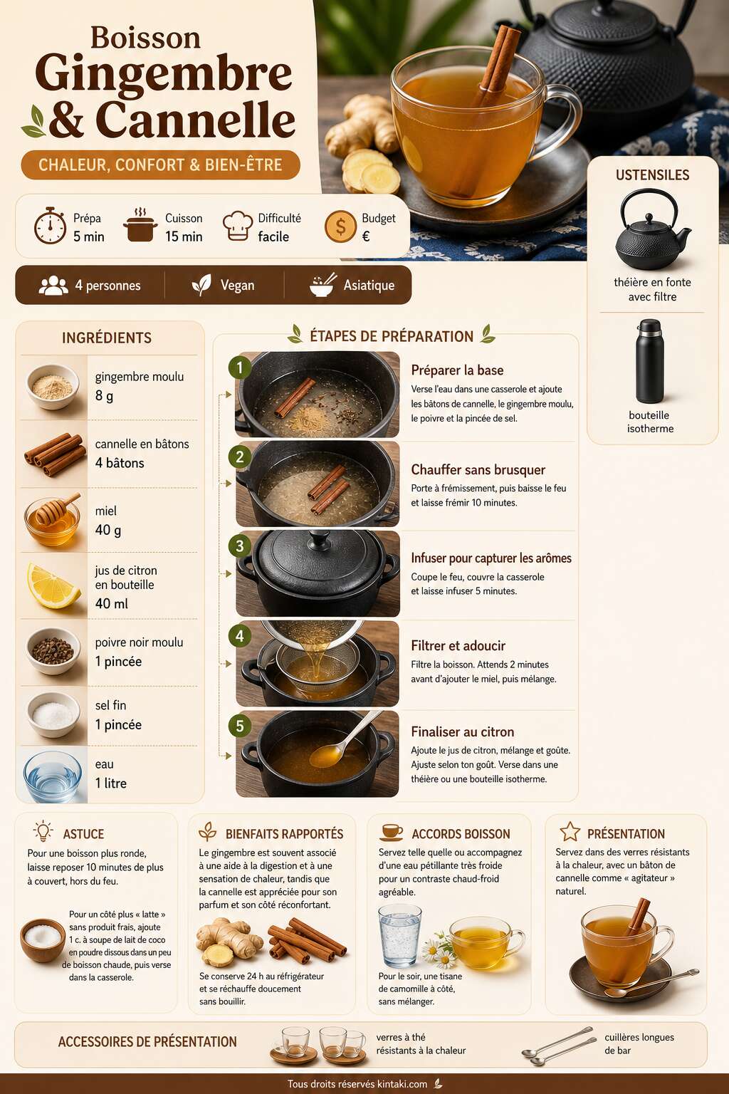Fiche recette Recette de boisson gingembre et cannelle : bienfaits et pr&eacute;paration