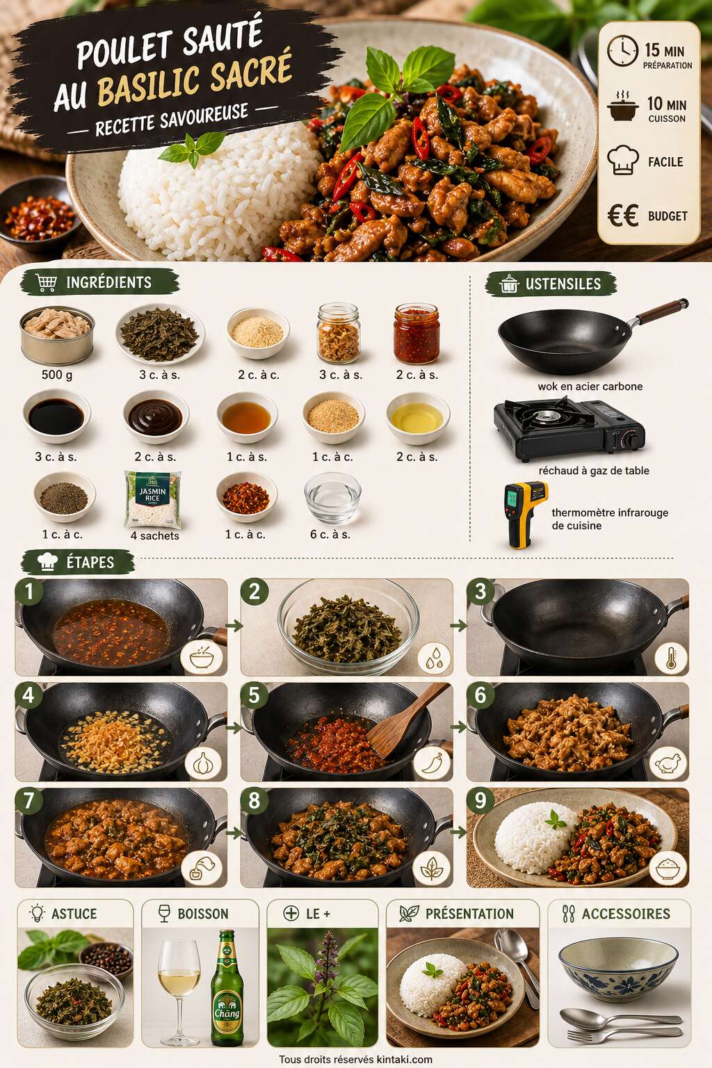 Fiche recette Poulet saut&eacute; au basilic sacr&eacute; : recette savoureuse